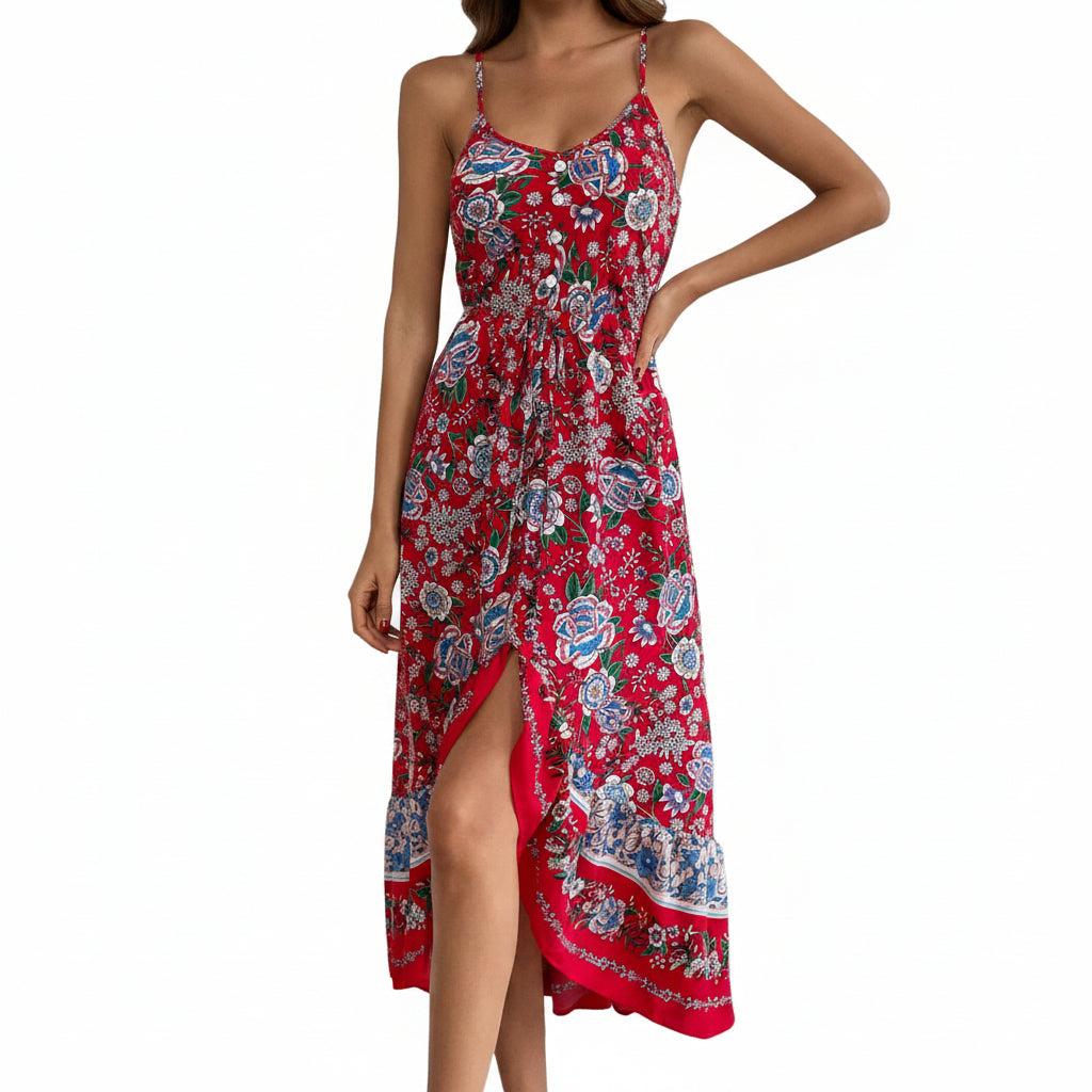 Women’s Floral Printed Sling Dress Asymmetric Vacation Style