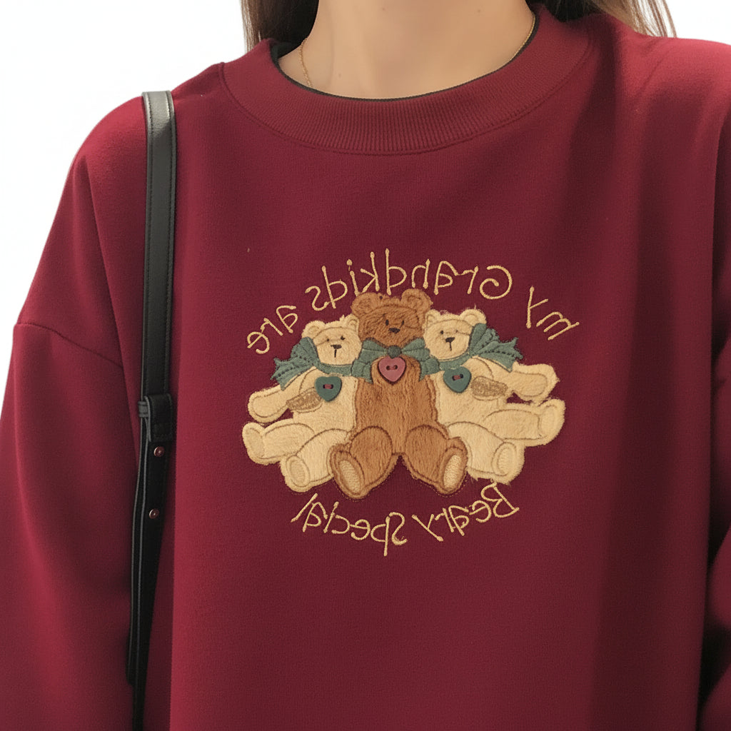 Women’s Vintage Fleece Cartoon Embroidered Sweater Loose Fit